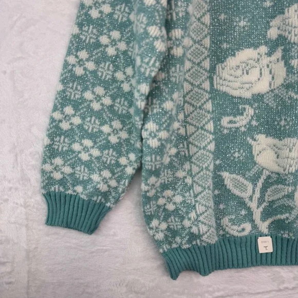 Vintage Private Eyes Teal Floral Rose Knit Sweater Metallic Lurex Crew Neck USA - Picture 6 of 8